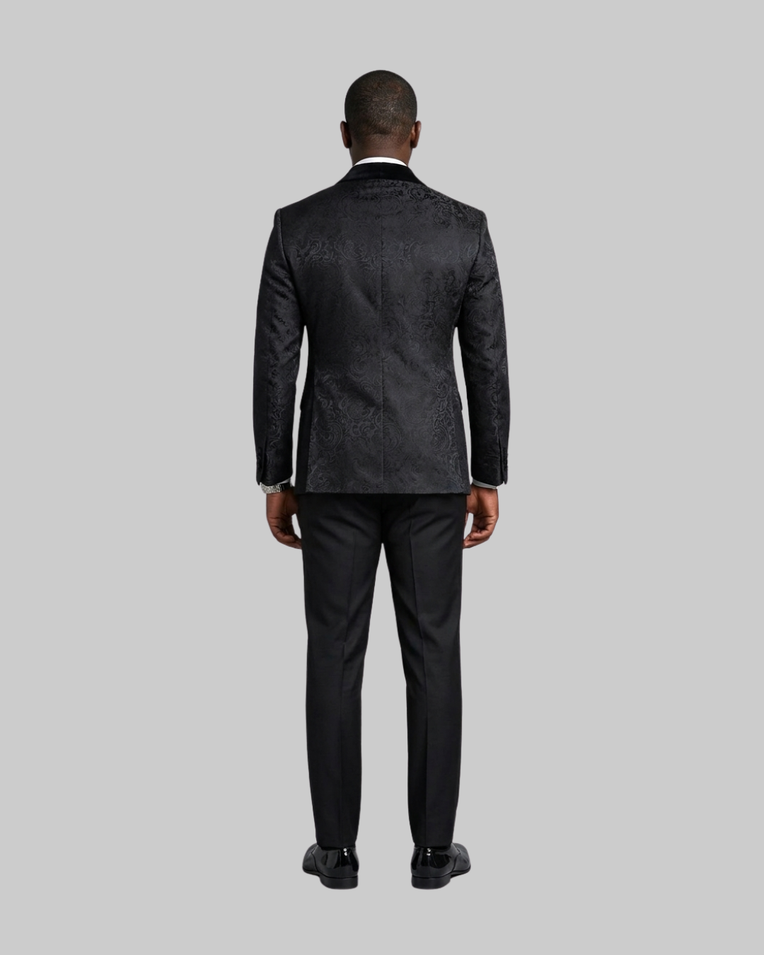 Men's Paisley Double Breasted 3 Piece Suit in black back view.