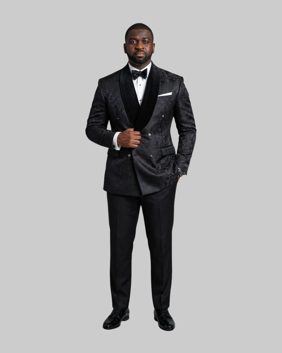 Men's Paisley Double Breasted 3 Piece Suit in black front view.