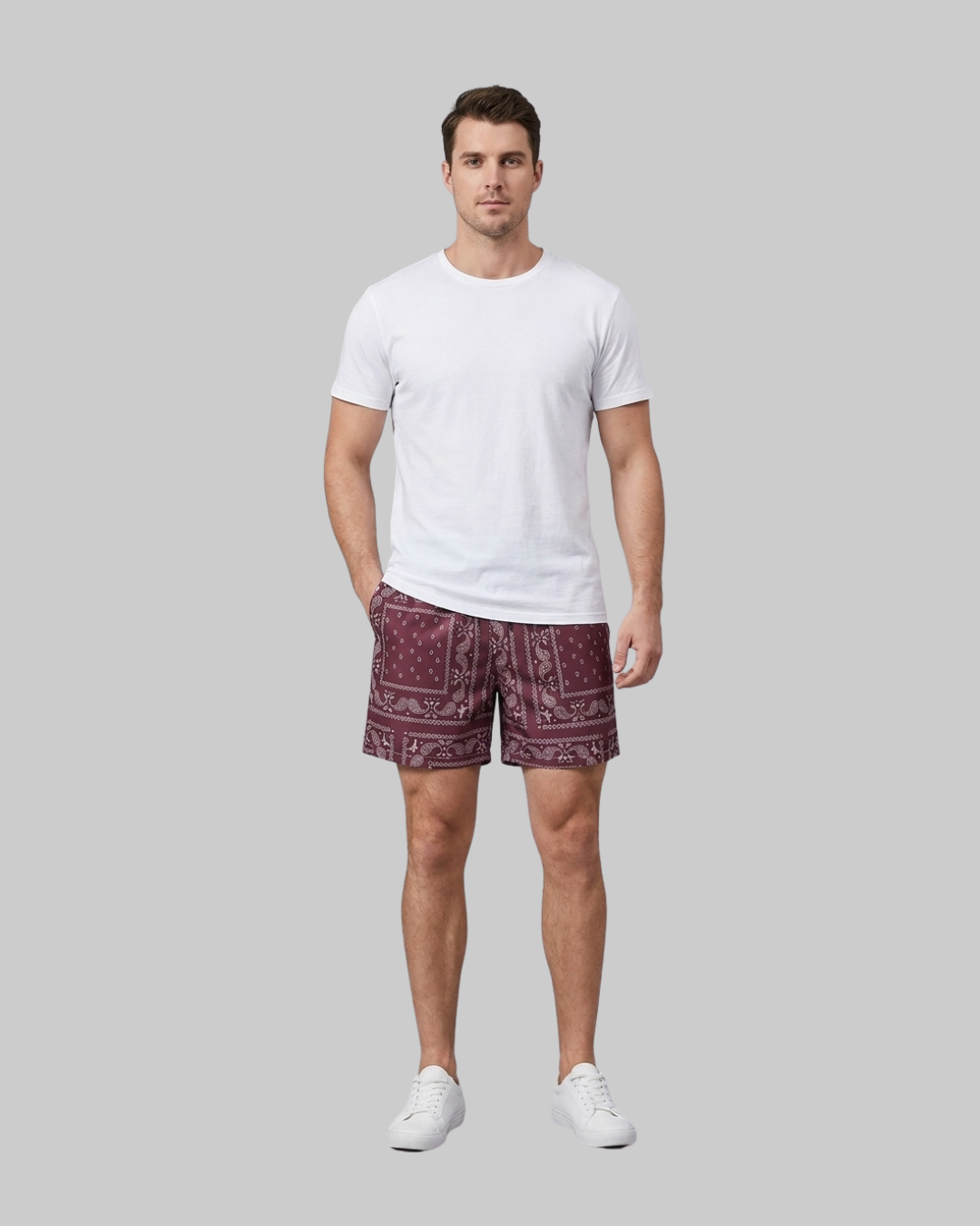 Men's Paisley Drawstring Shorts in dark red.