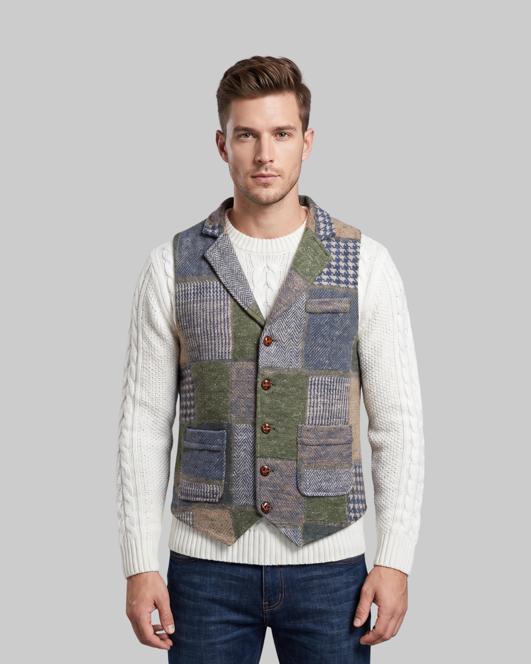 Men's Patchwork Lapel Suit Vest in green.