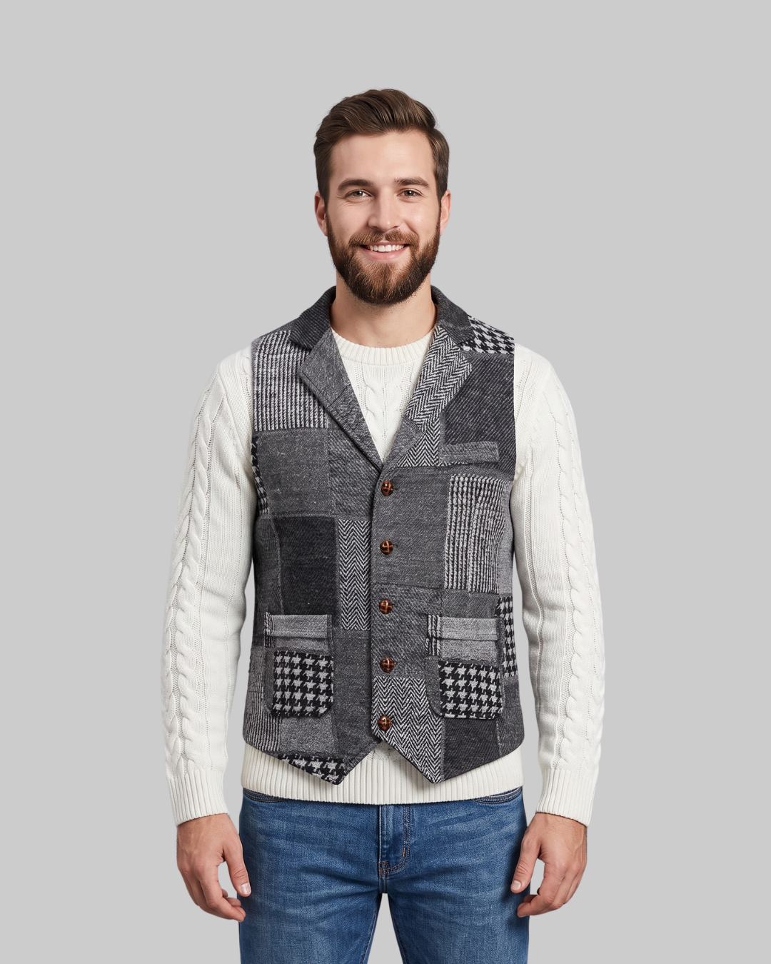 Men's Patchwork Lapel Suit Vest in grey.