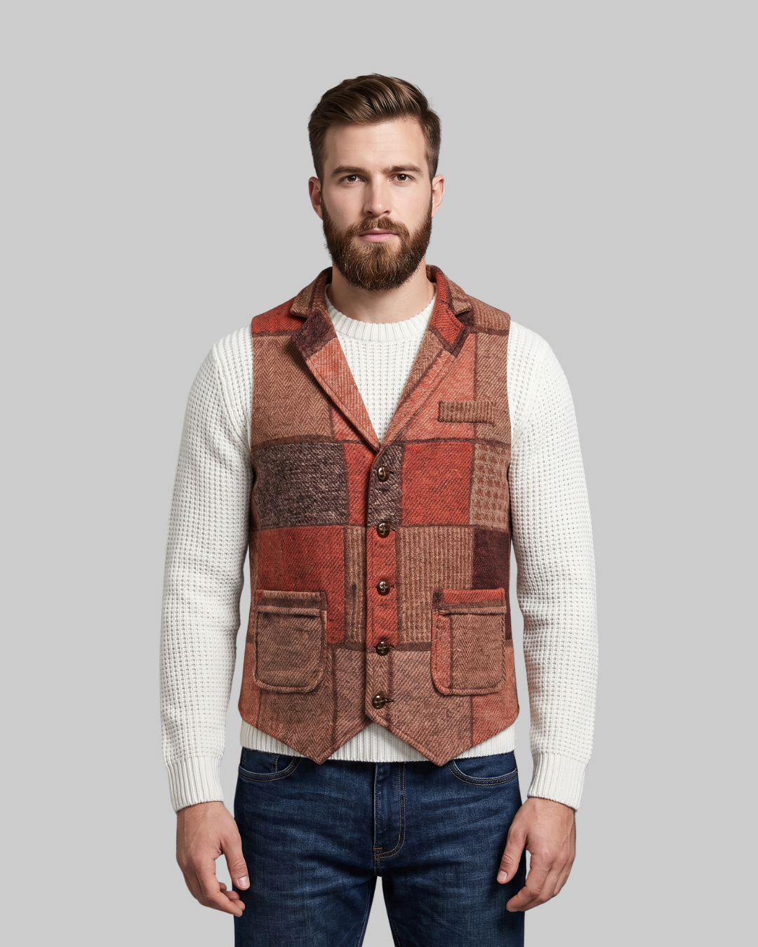Men's Patchwork Lapel Suit Vest in orange.