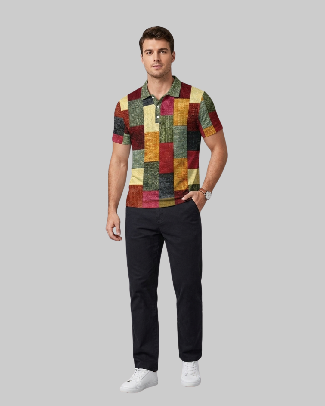 A man modeling a short-sleeve polo shirt with a colorful patchwork pattern in green, yellow, red, and brown, paired with black pants and white sneakers, set against a solid gray background.