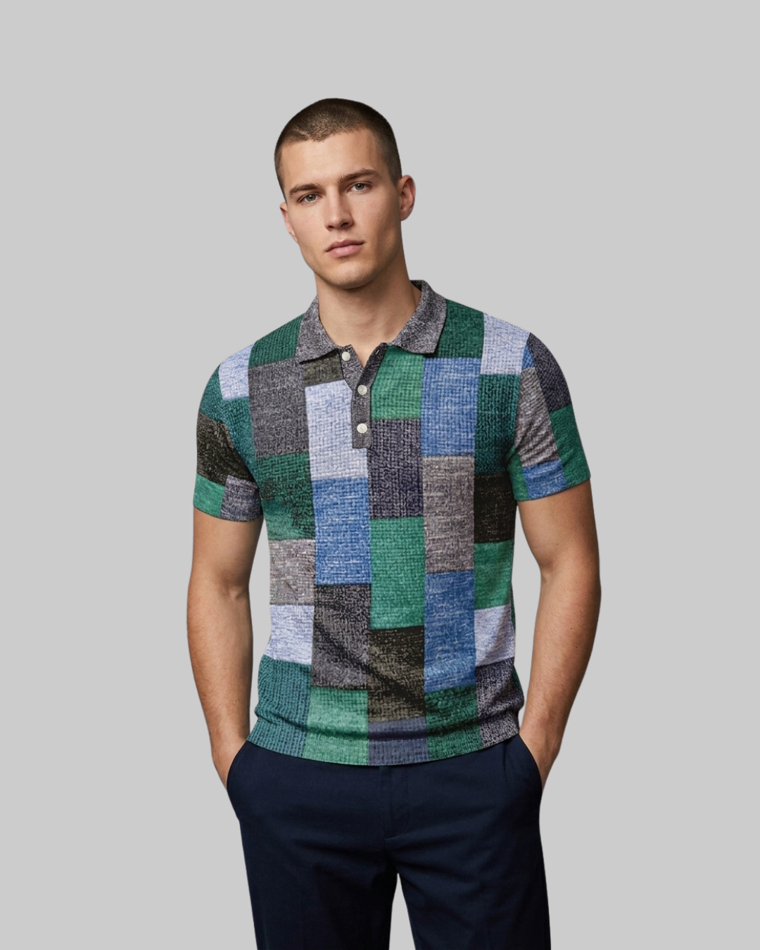 Men's Patchwork Print Polo Shirt in grey blue green. 