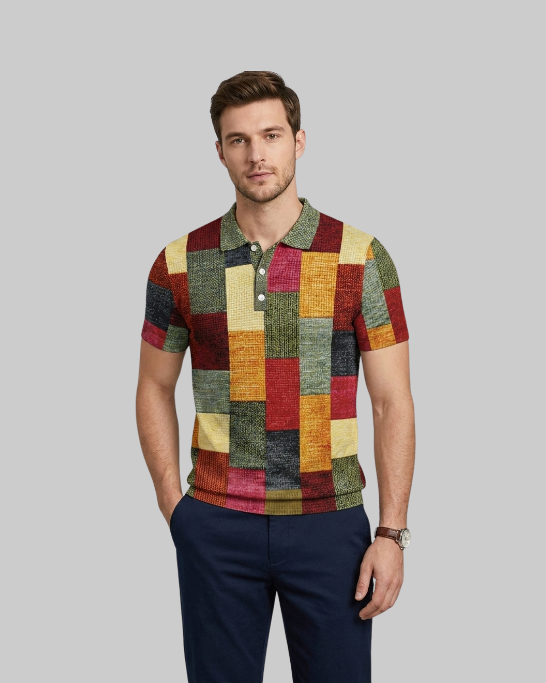 Men's Patchwork Print Polo Shirt in red green yellow. 