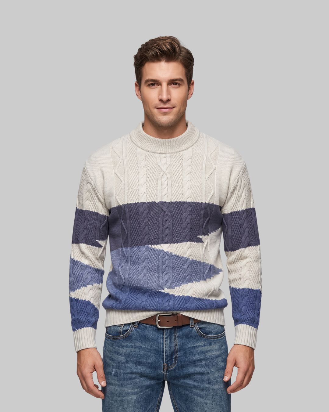 Men's Patterned Cable Knit Sweater in blue.
