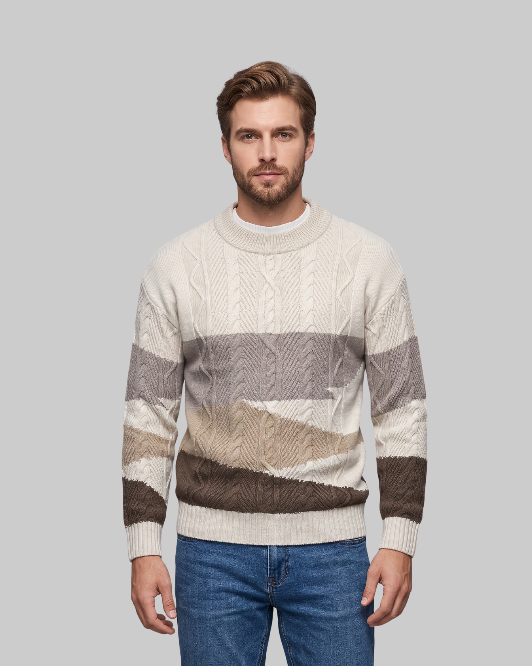 Men's Patterned Cable Knit Sweater in khaki.