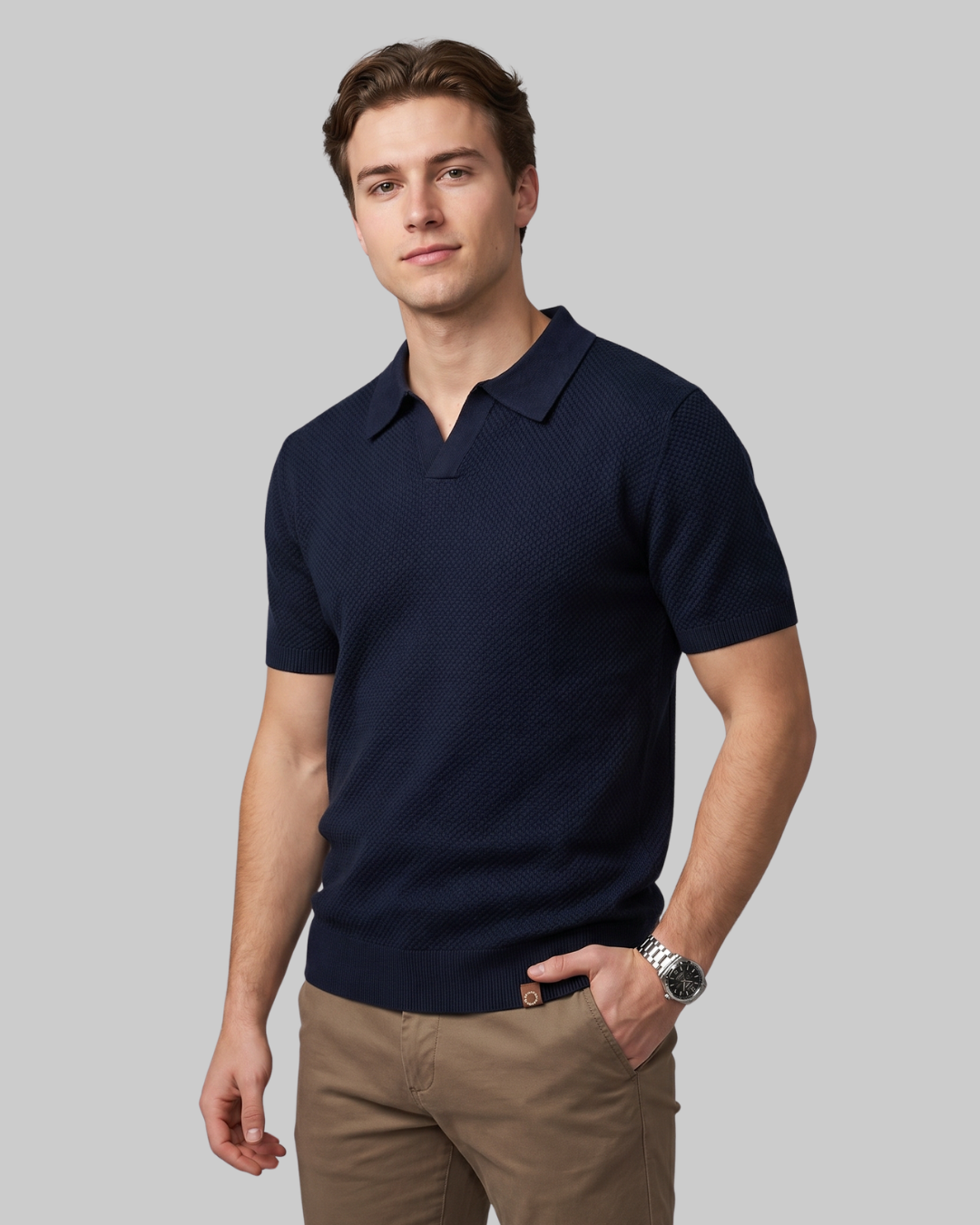 Men’s Patterned Knit Polo Shirt in Black