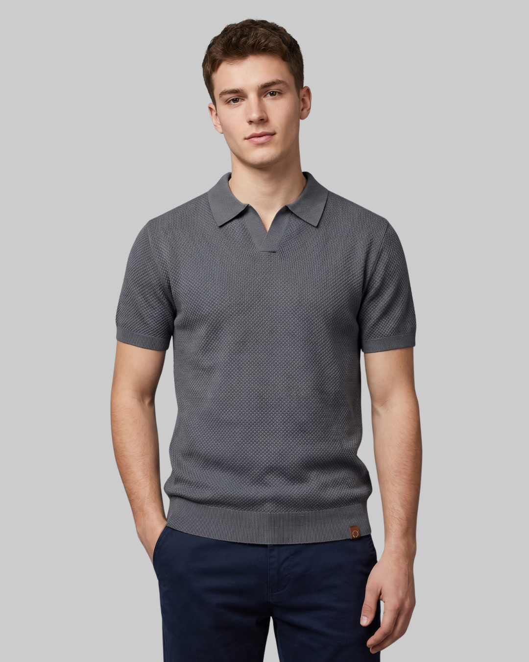 Men’s Patterned Knit Polo Shirt in Dark Grey
