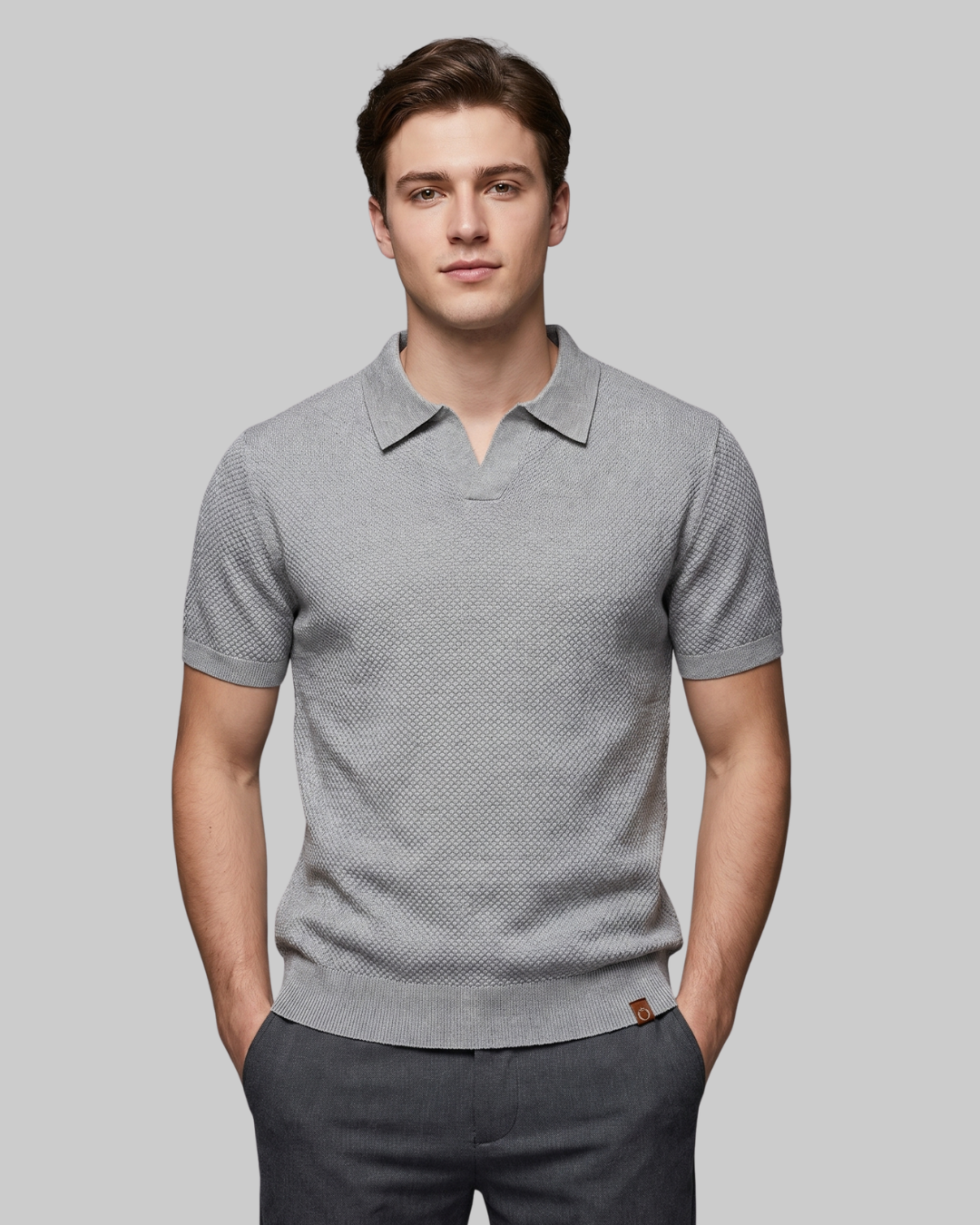 Men’s Patterned Knit Polo Shirt in Light Grey