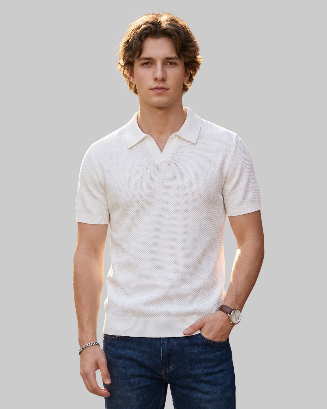 Men’s Patterned Knit Polo Shirt in White