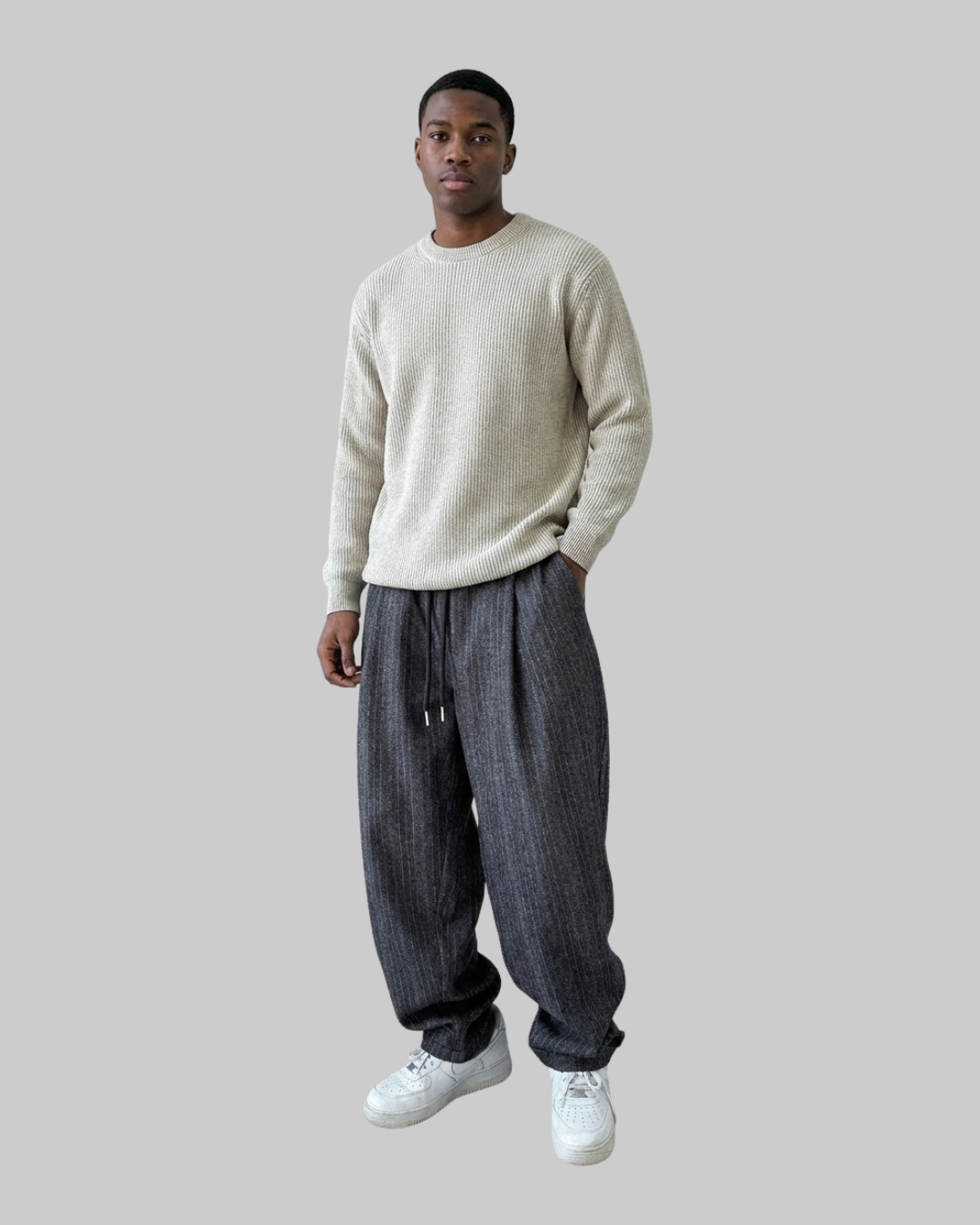 Men's Pinstripe Harem Pants in grey.
