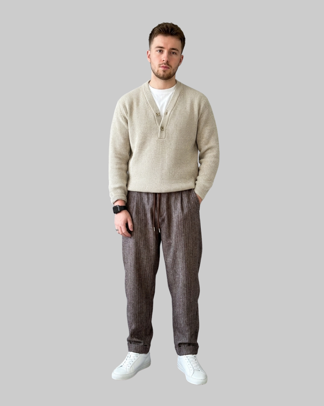 Men's Pinstripe Harem Pants in rose brown.