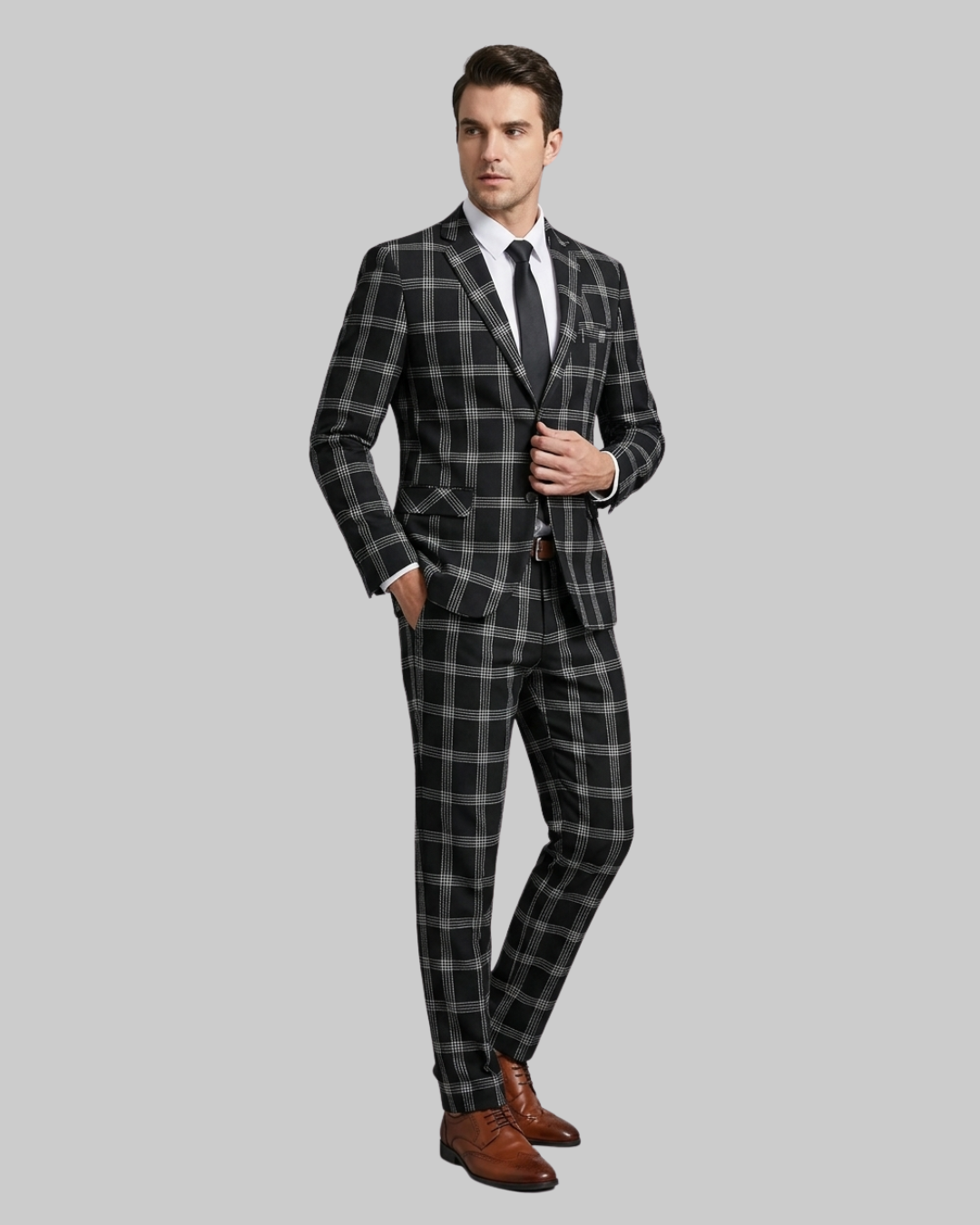 Men's Plaid Business 2 Piece Suit in Black