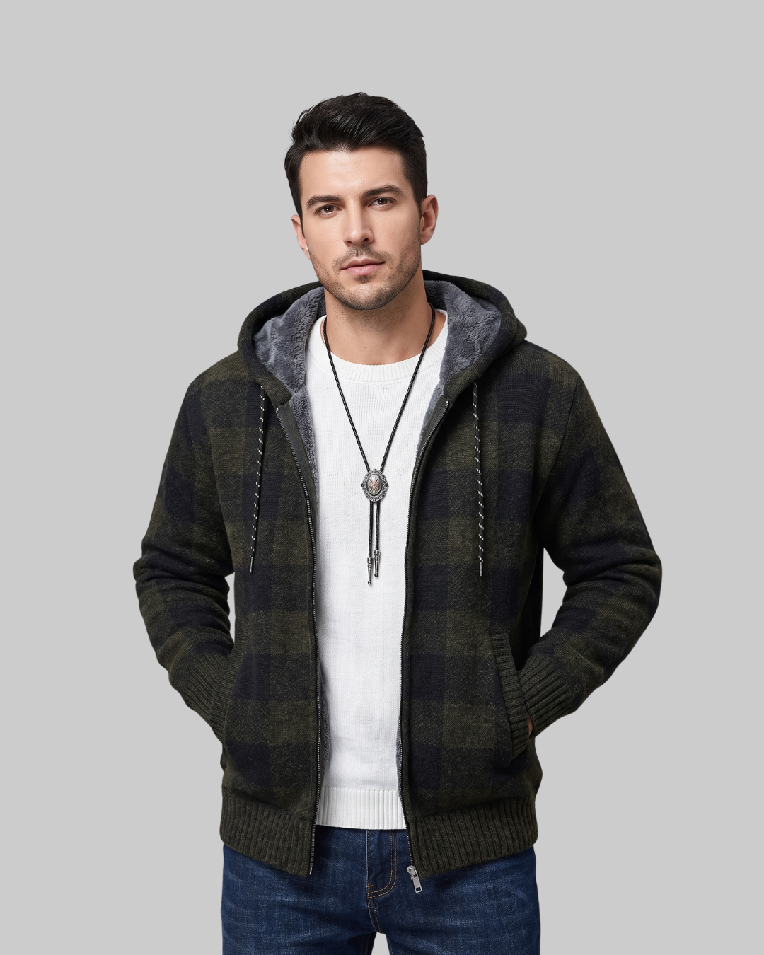 Men's Plaid Full Zip Hoodie in army green.