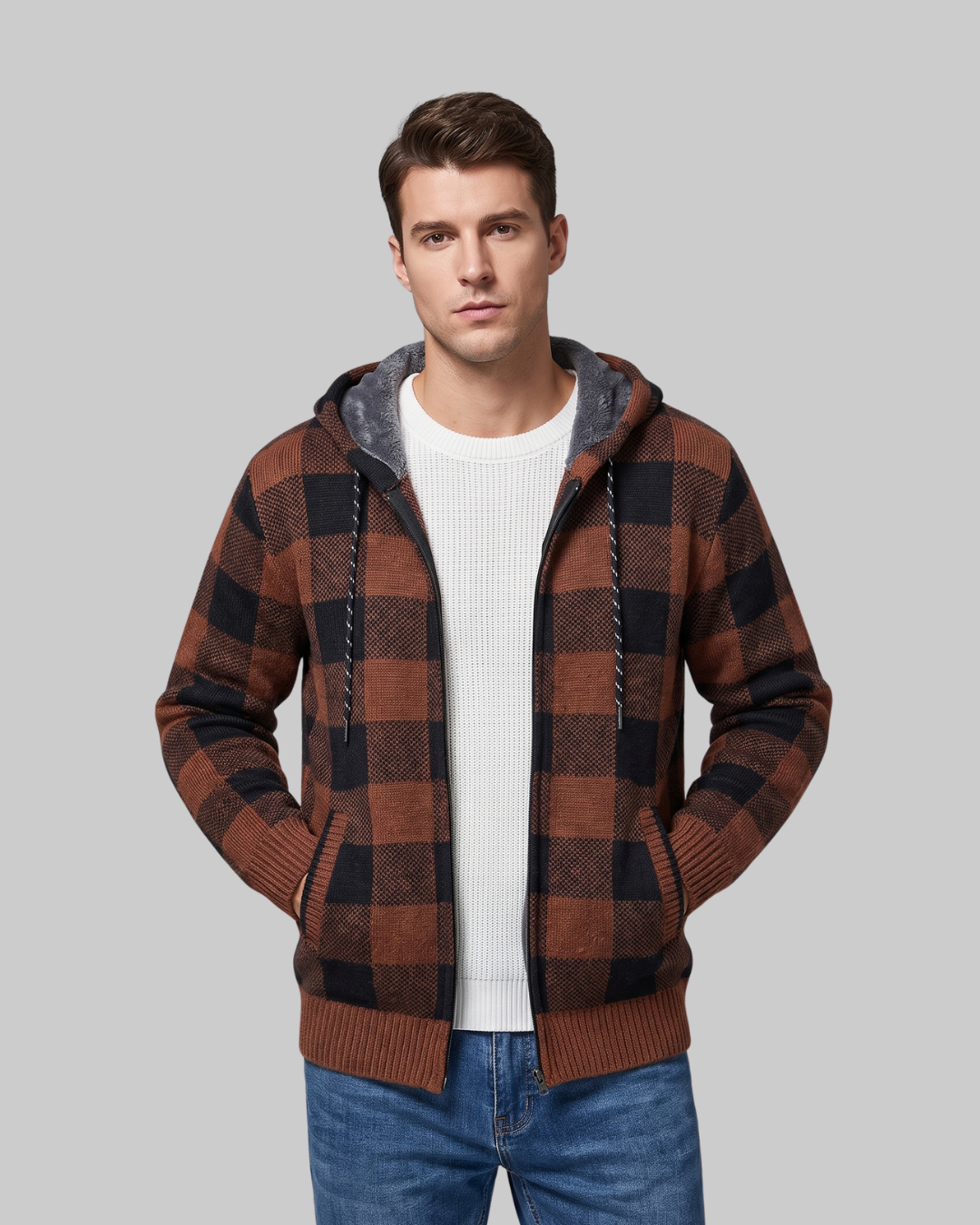 Men's Plaid Full Zip Hoodie in brown.