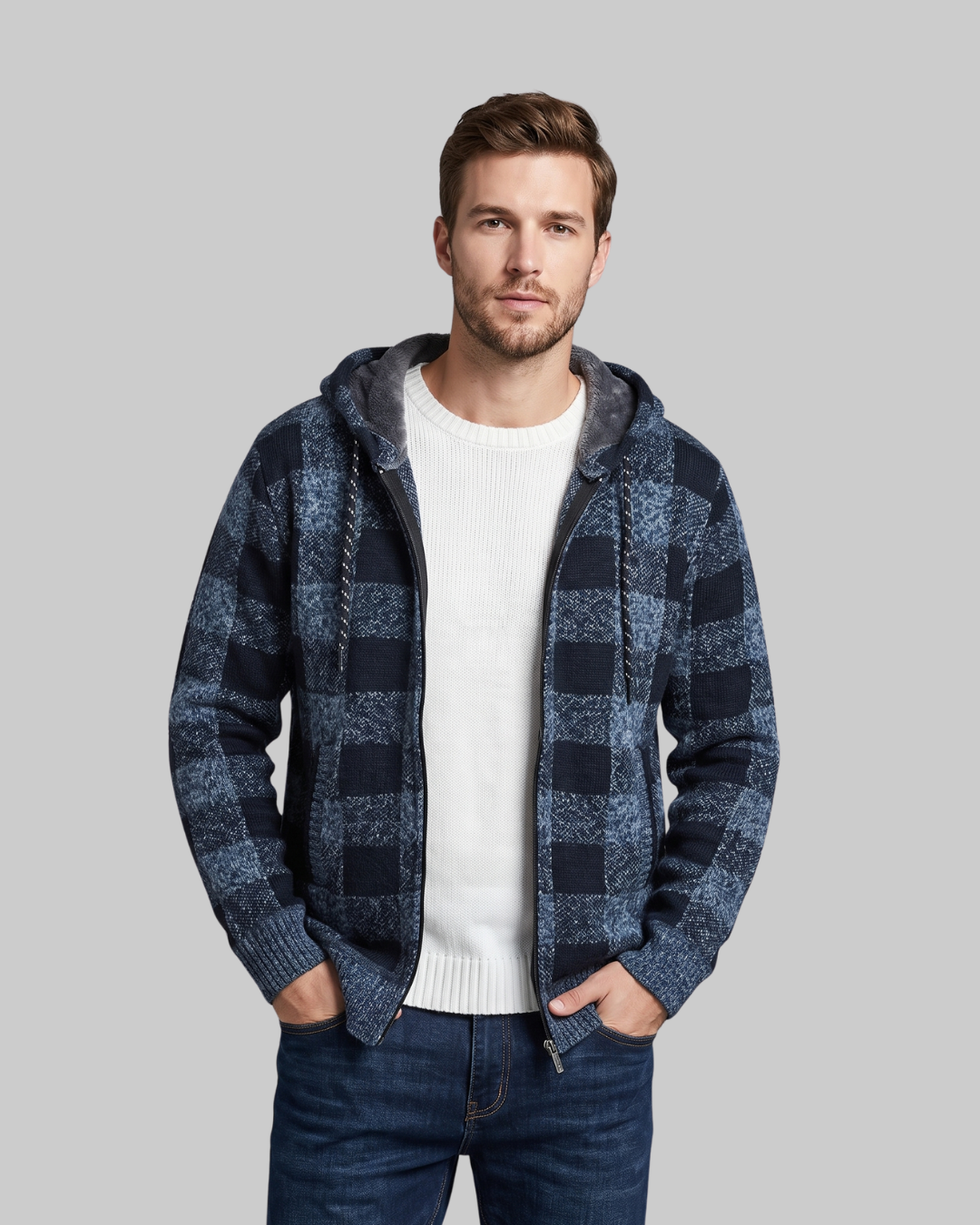 Men's Plaid Full Zip Hoodie in grey blue.