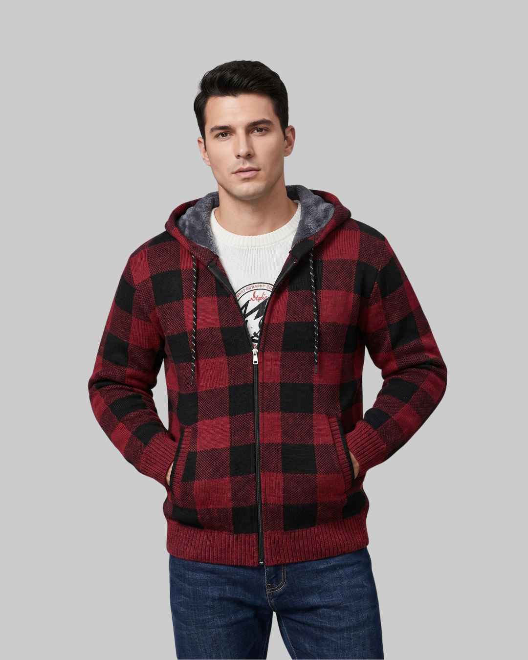 Men's Plaid Full Zip Hoodie in wine red.