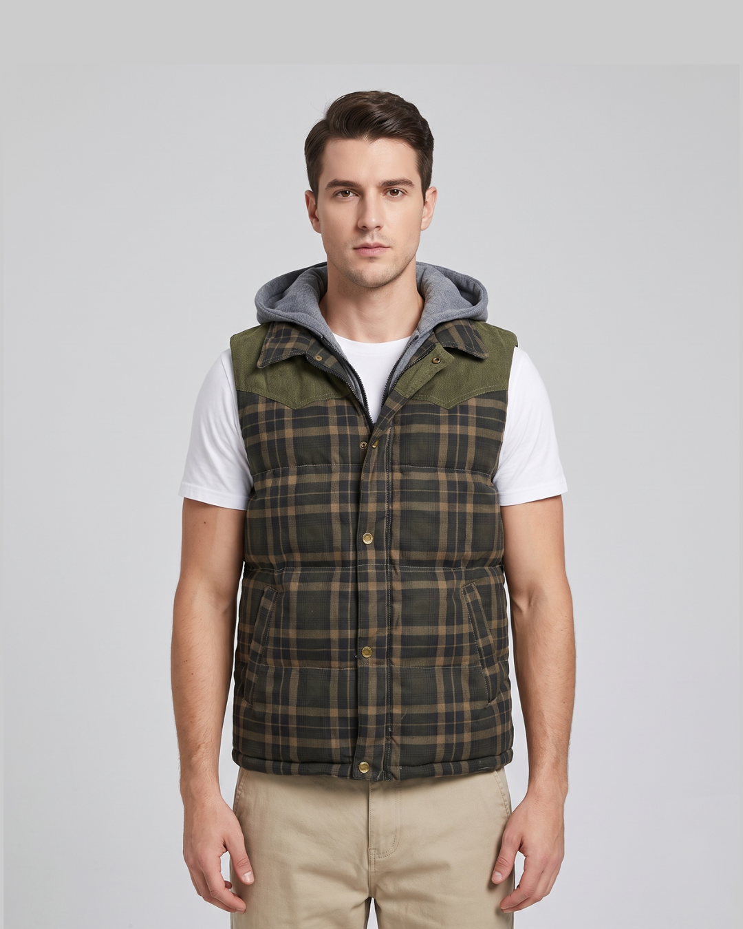 Men's Plaid Hooded Quilted Vest in army green.
