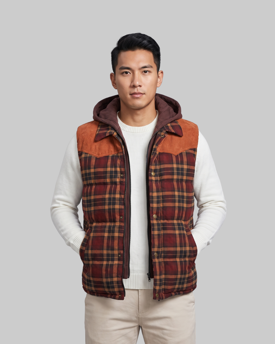 Men's Plaid Hooded Quilted Vest in red.