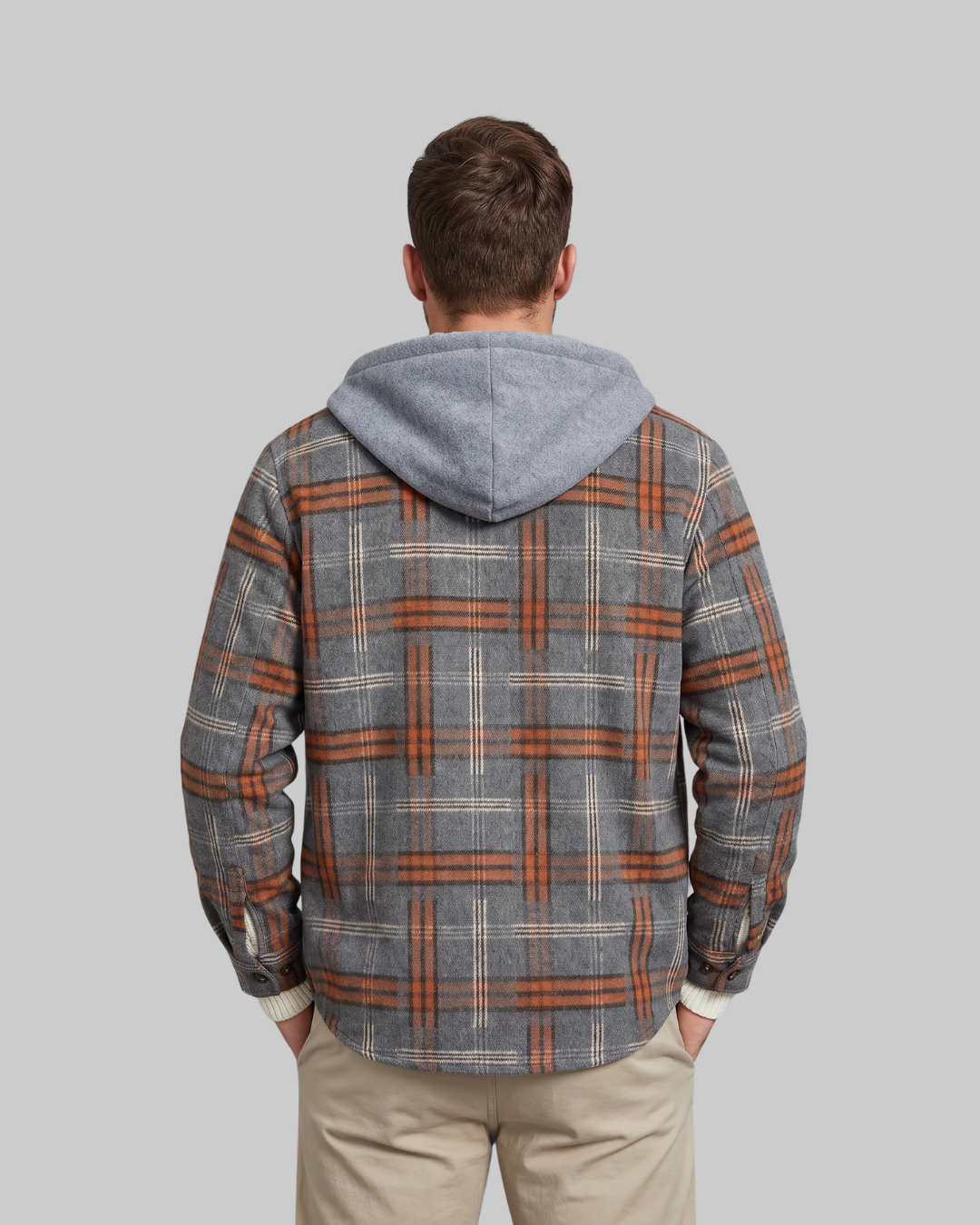 Men's Plaid Overshirt Hoodie in back.