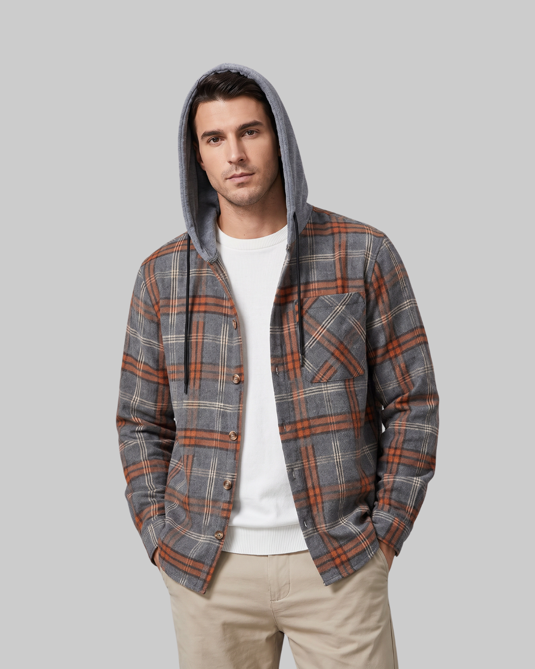 Men's Plaid Overshirt Hoodie in front.