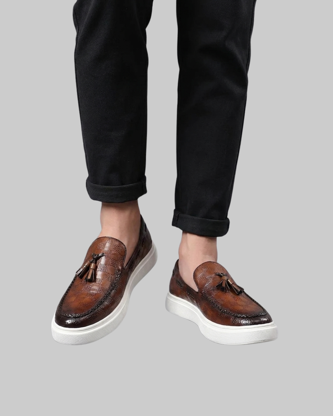 Men's Wearing Plaid Tassel Loafers in brown.