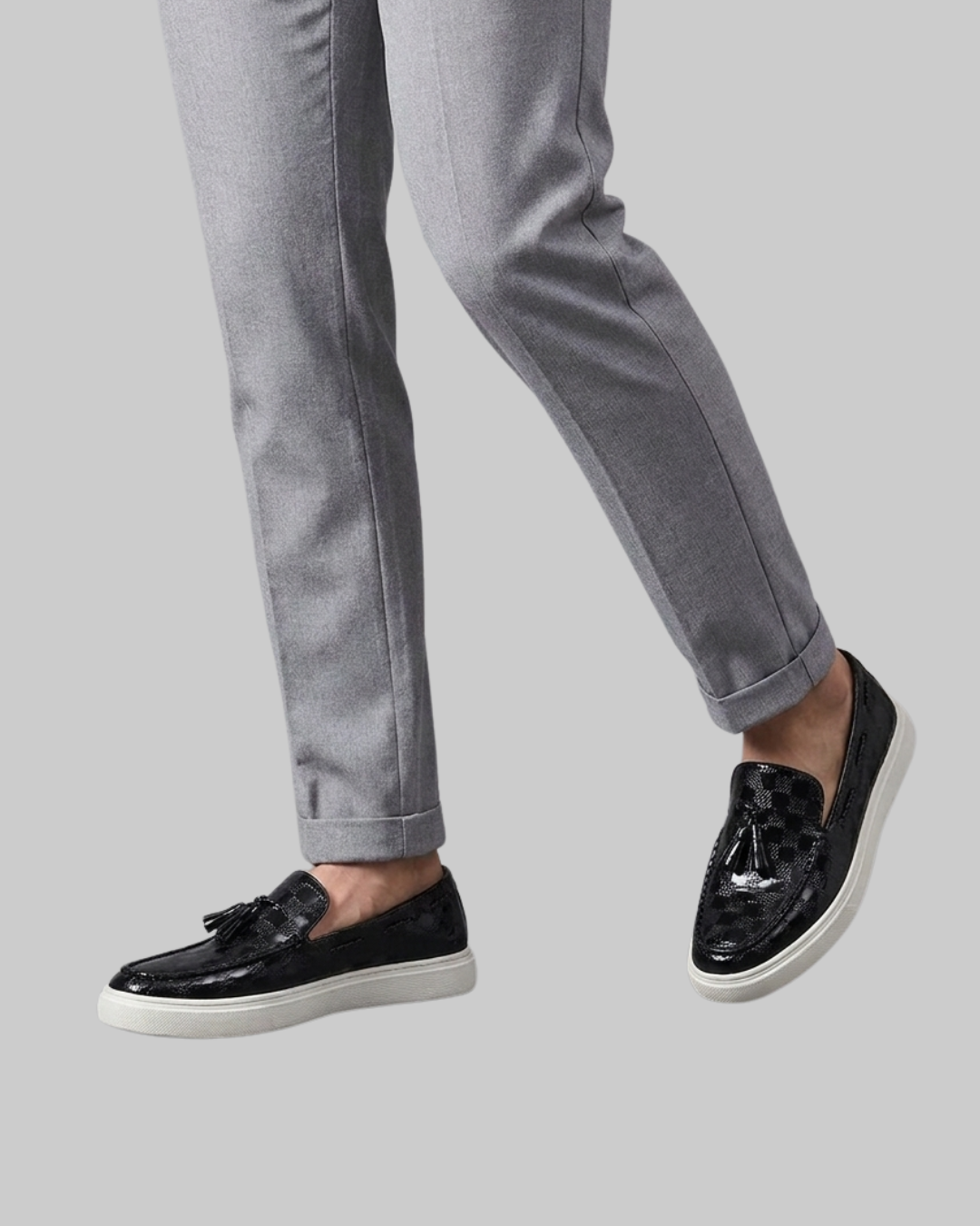Men's Wearing Plaid Tassel Loafers in black.