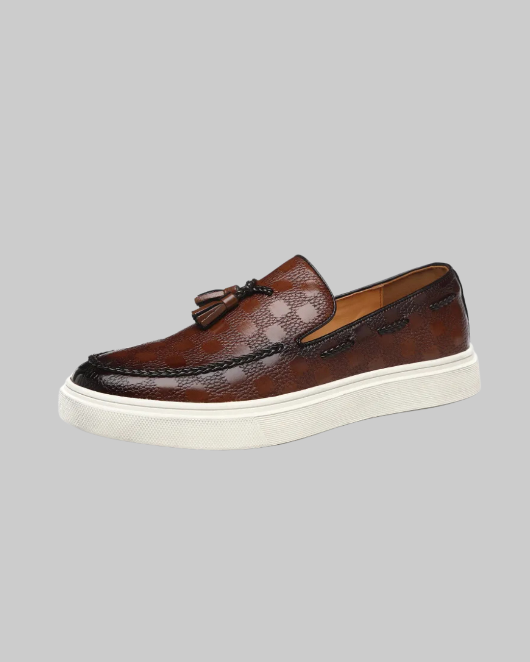 Men's Plaid Tassel Loafers in brown.