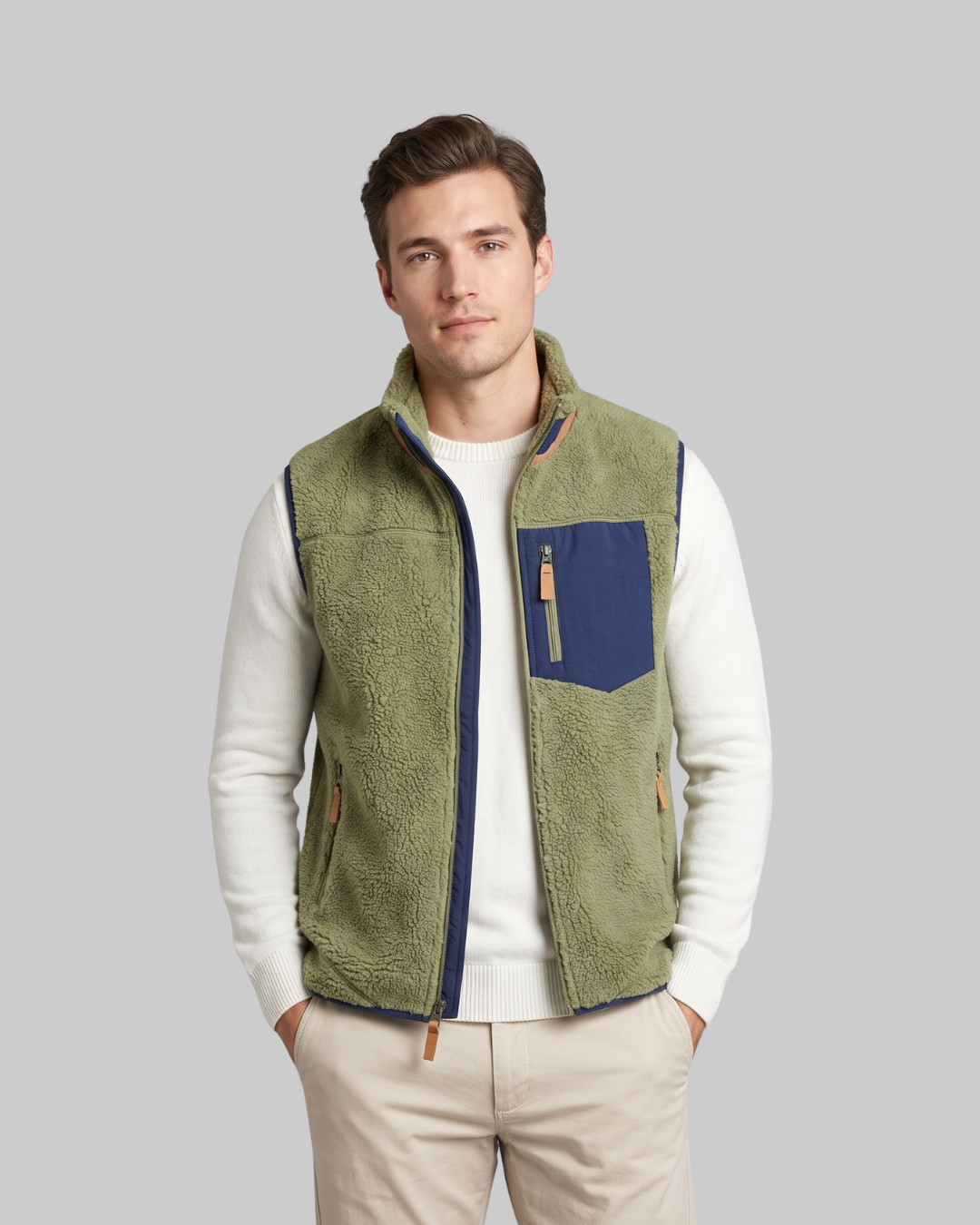 Men's Plush Texture Zip Vest in army green.