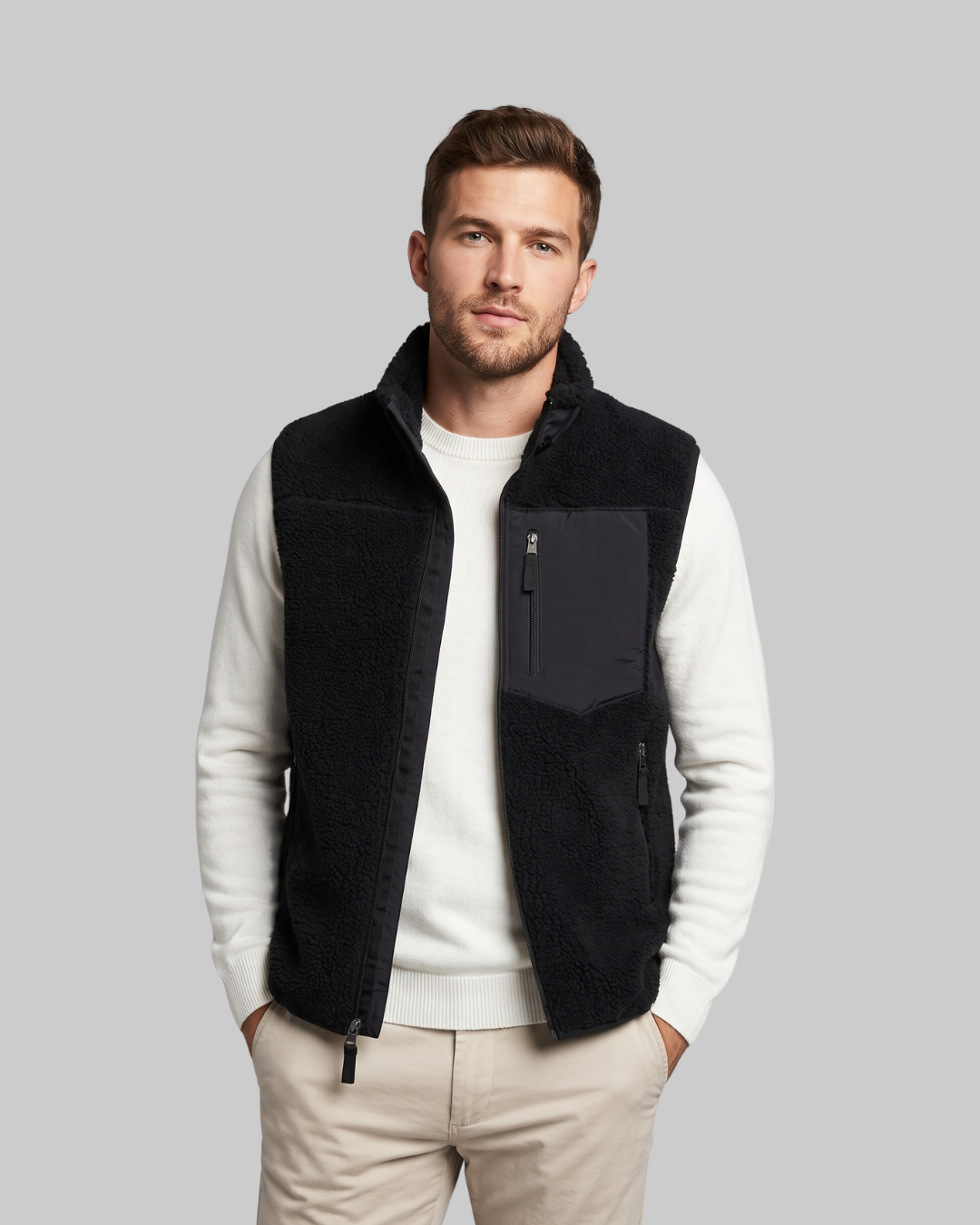 Men's Plush Texture Zip Vest in black.