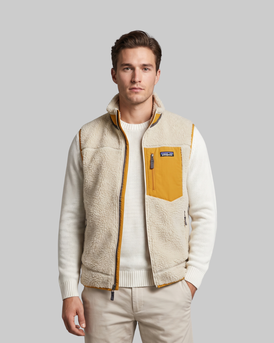 Men's Plush Texture Zip Vest in khaki.