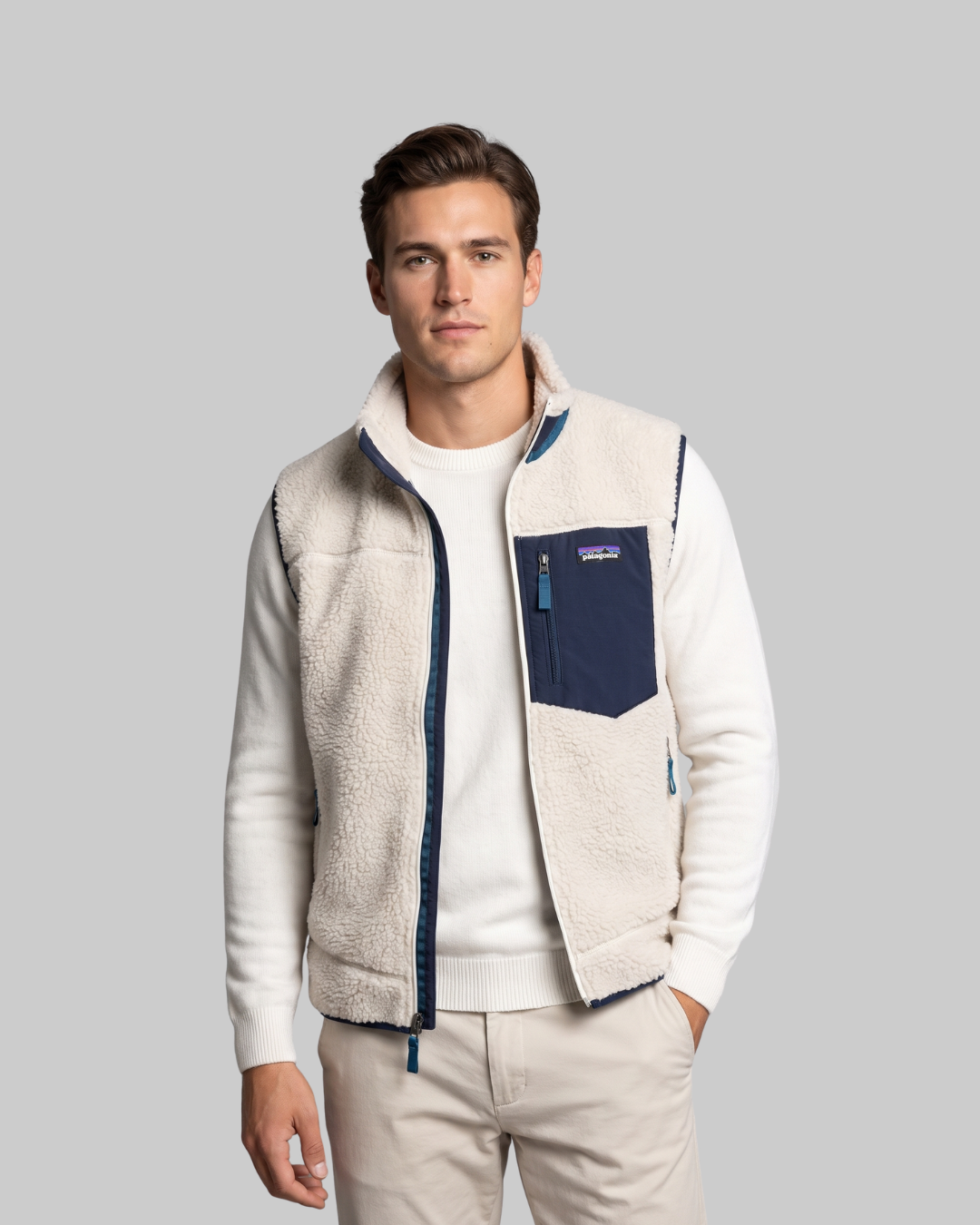 Men's Plush Texture Zip Vest in white and blue.
