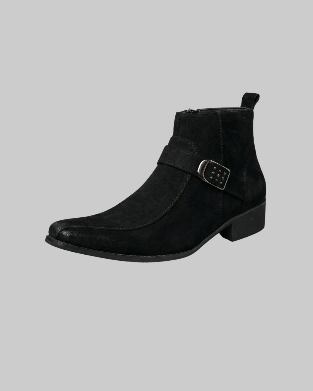Men's Pointed Toe Buckle Boots in black.