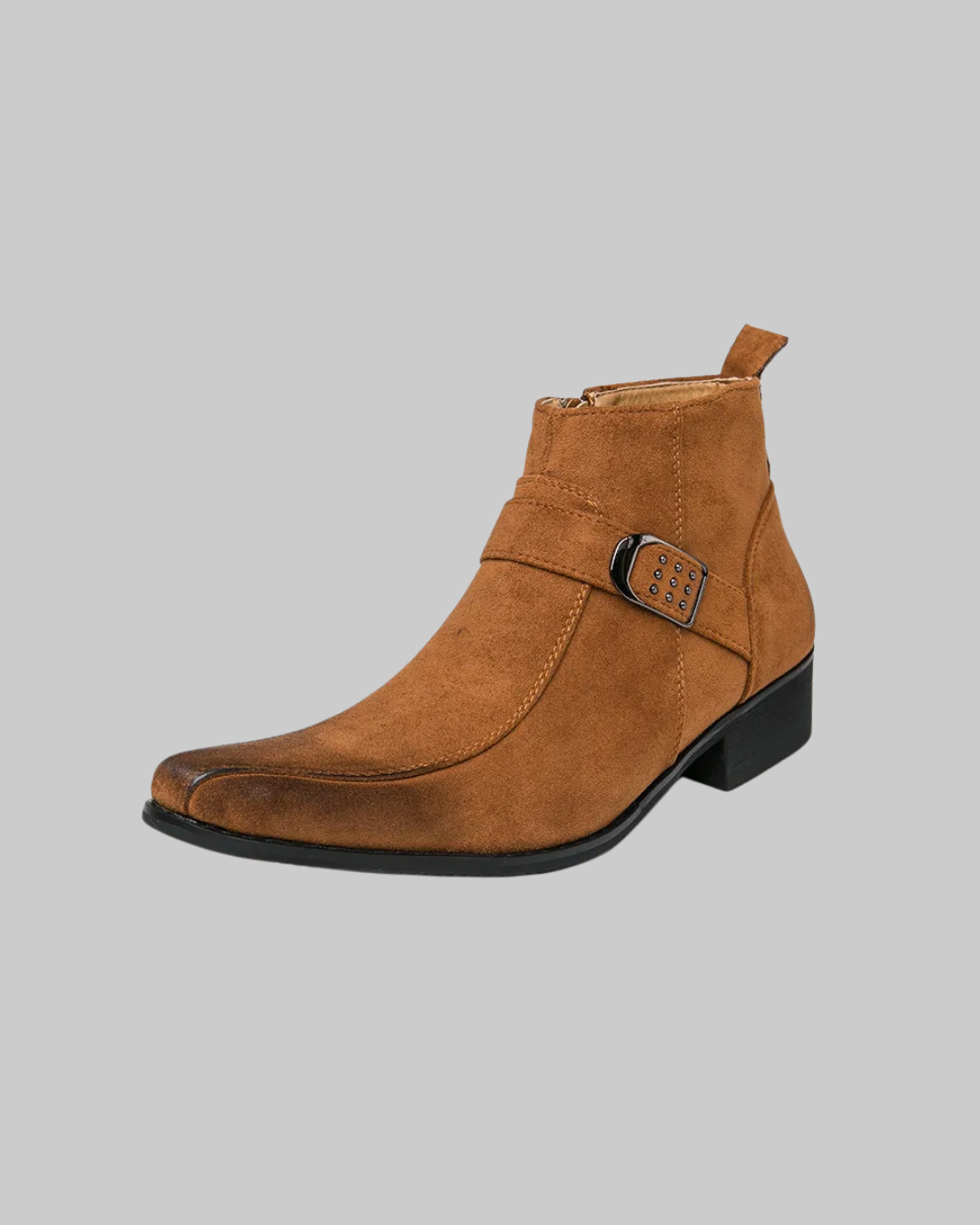 Men's Pointed Toe Buckle Boots in brown.