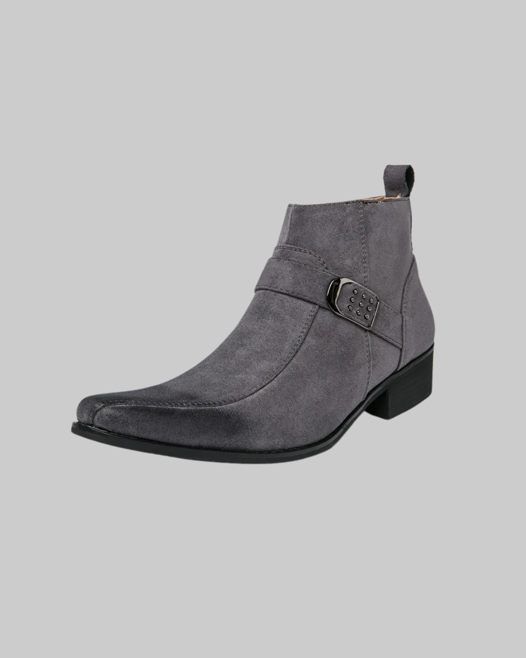 Men's Pointed Toe Buckle Boots in grey.