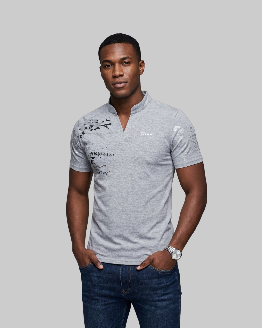Men's Printed Stand Collar Polo Shirt in Grey