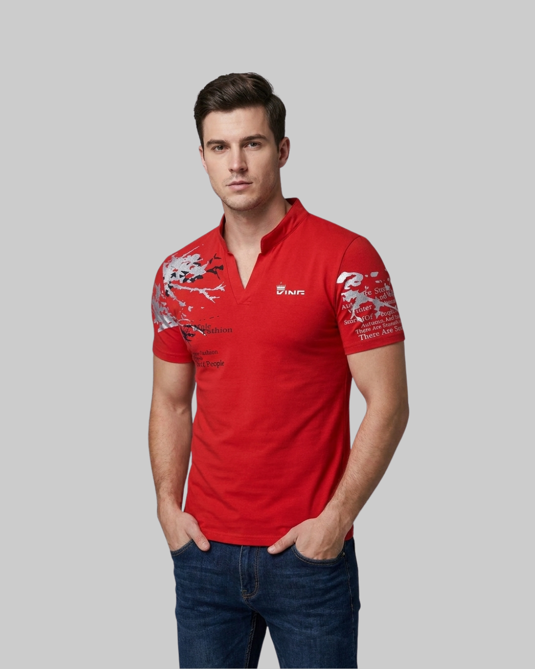 Men's Printed Stand Collar Polo Shirt in Red