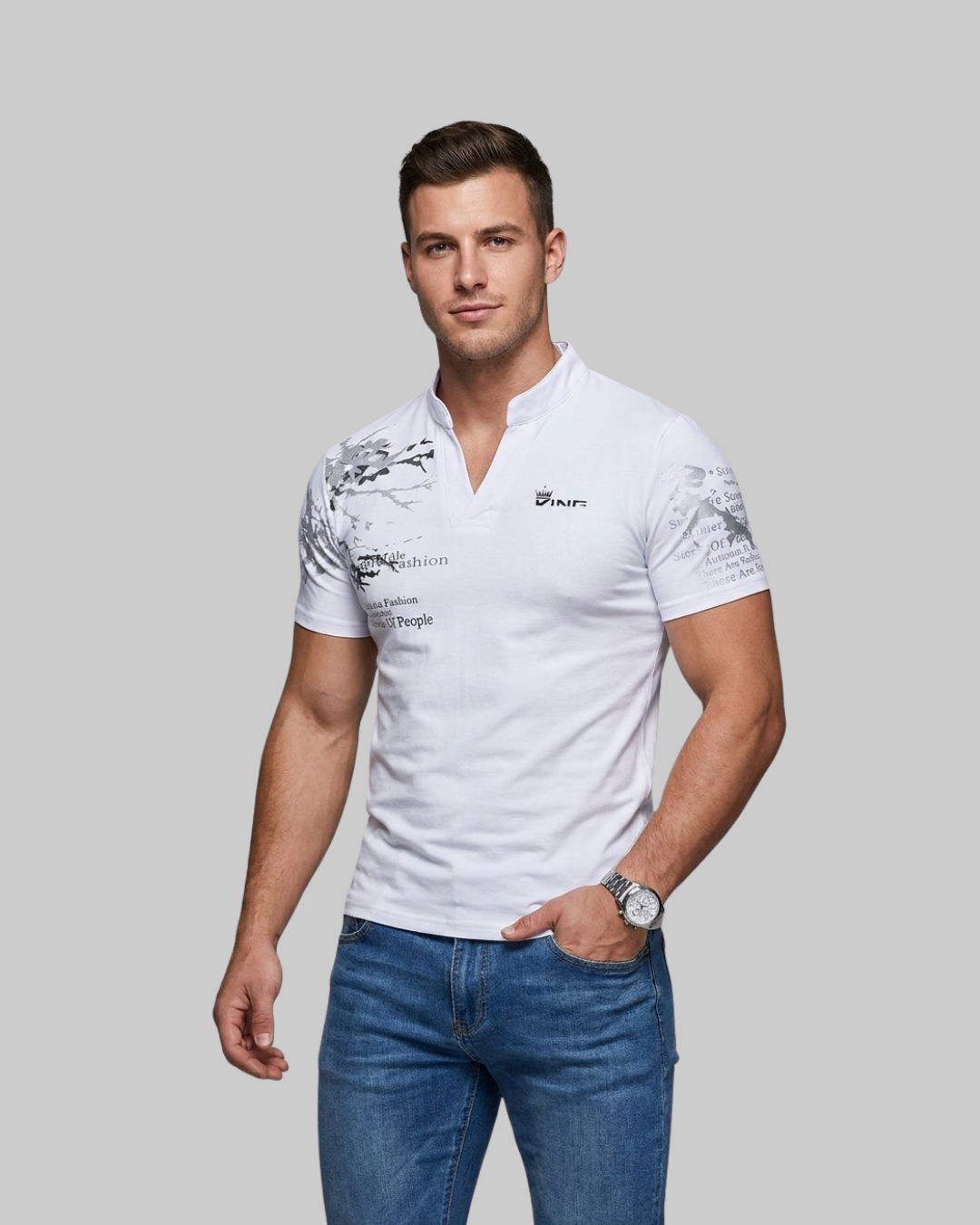 Men's Printed Stand Collar Polo Shirt in White