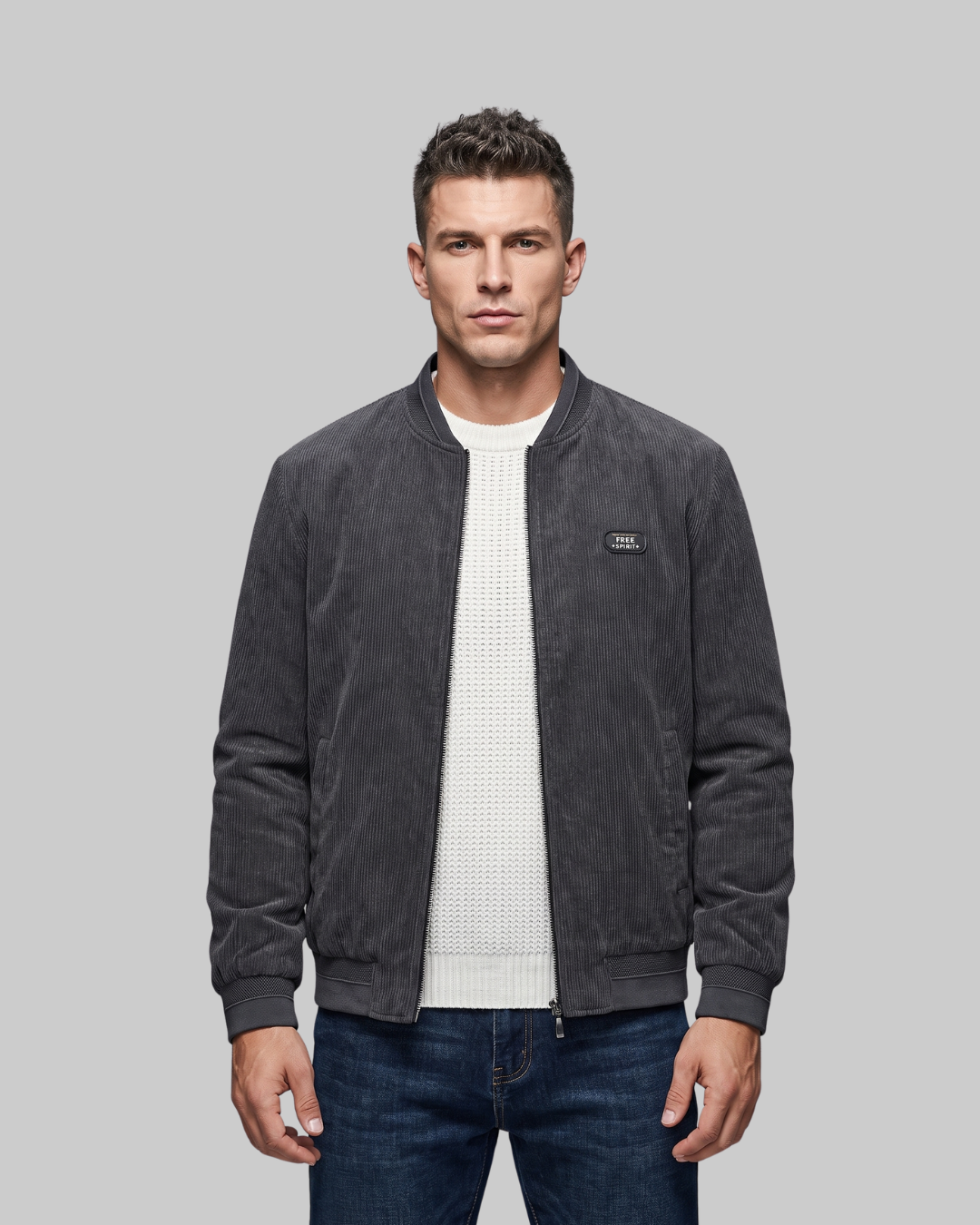 Men's Quilted Lined Bomber Jacket in dark grey.