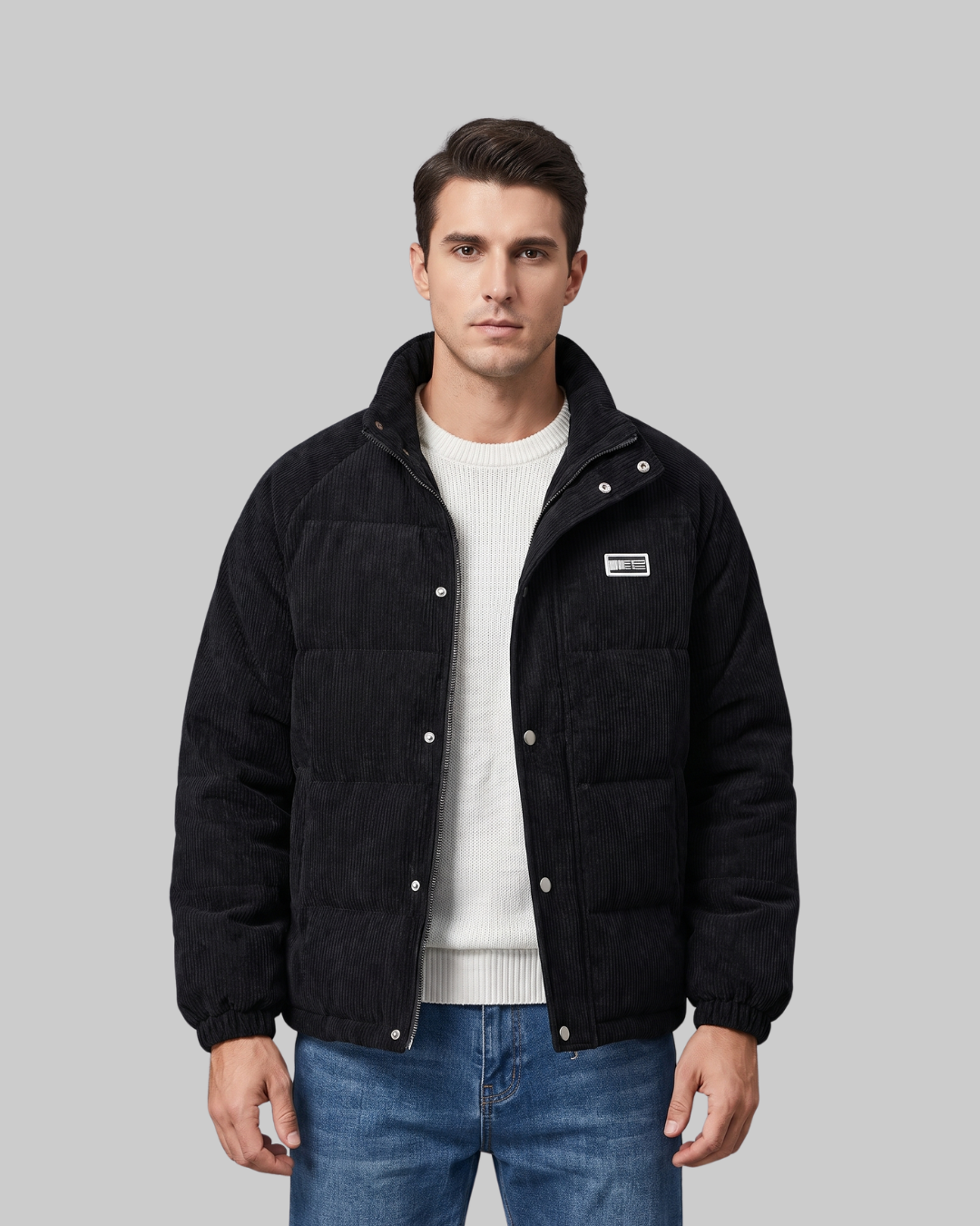 Men's Quilted Panel Bomber Jacket in blacl.