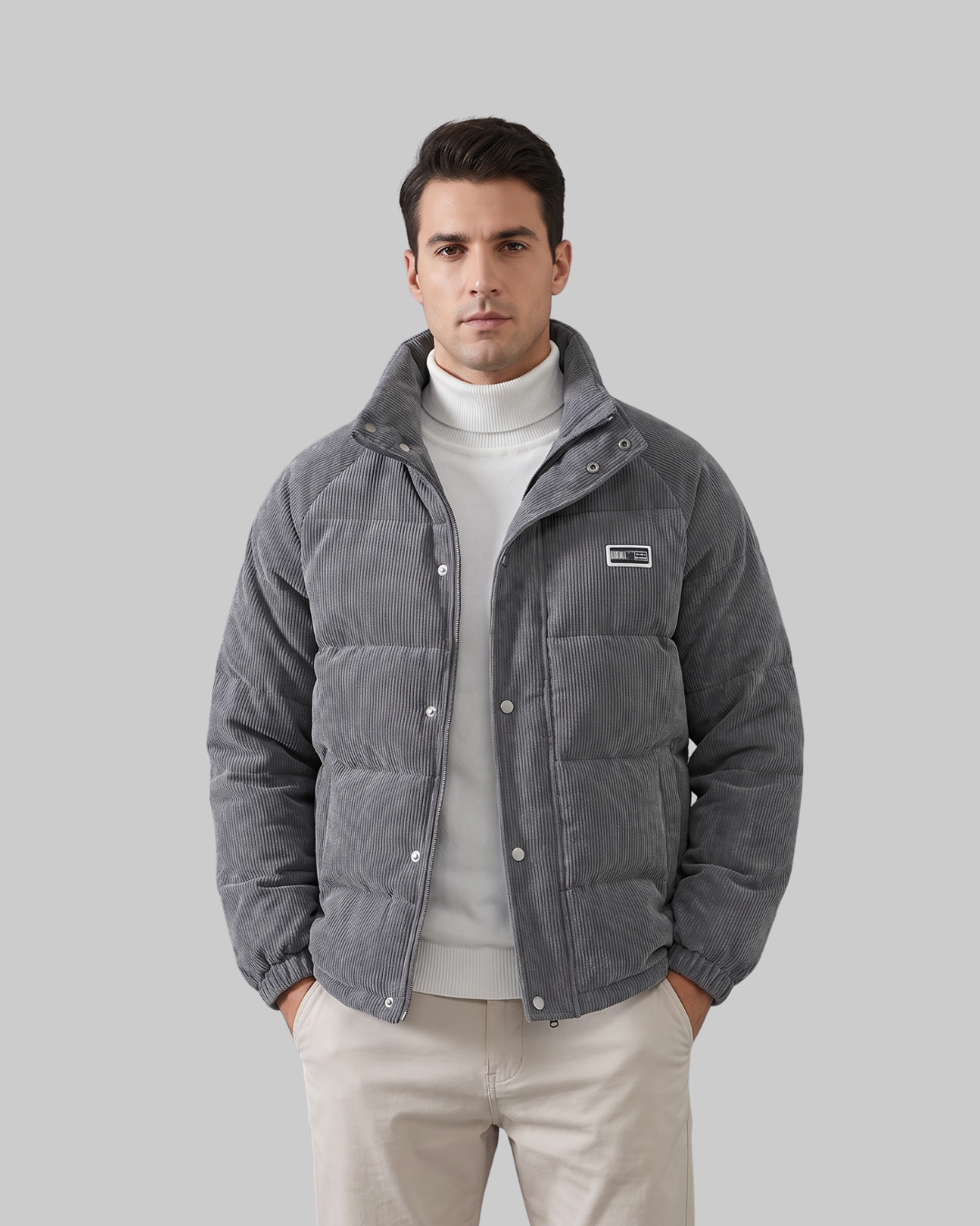 Men's Quilted Panel Bomber Jacket in grey.