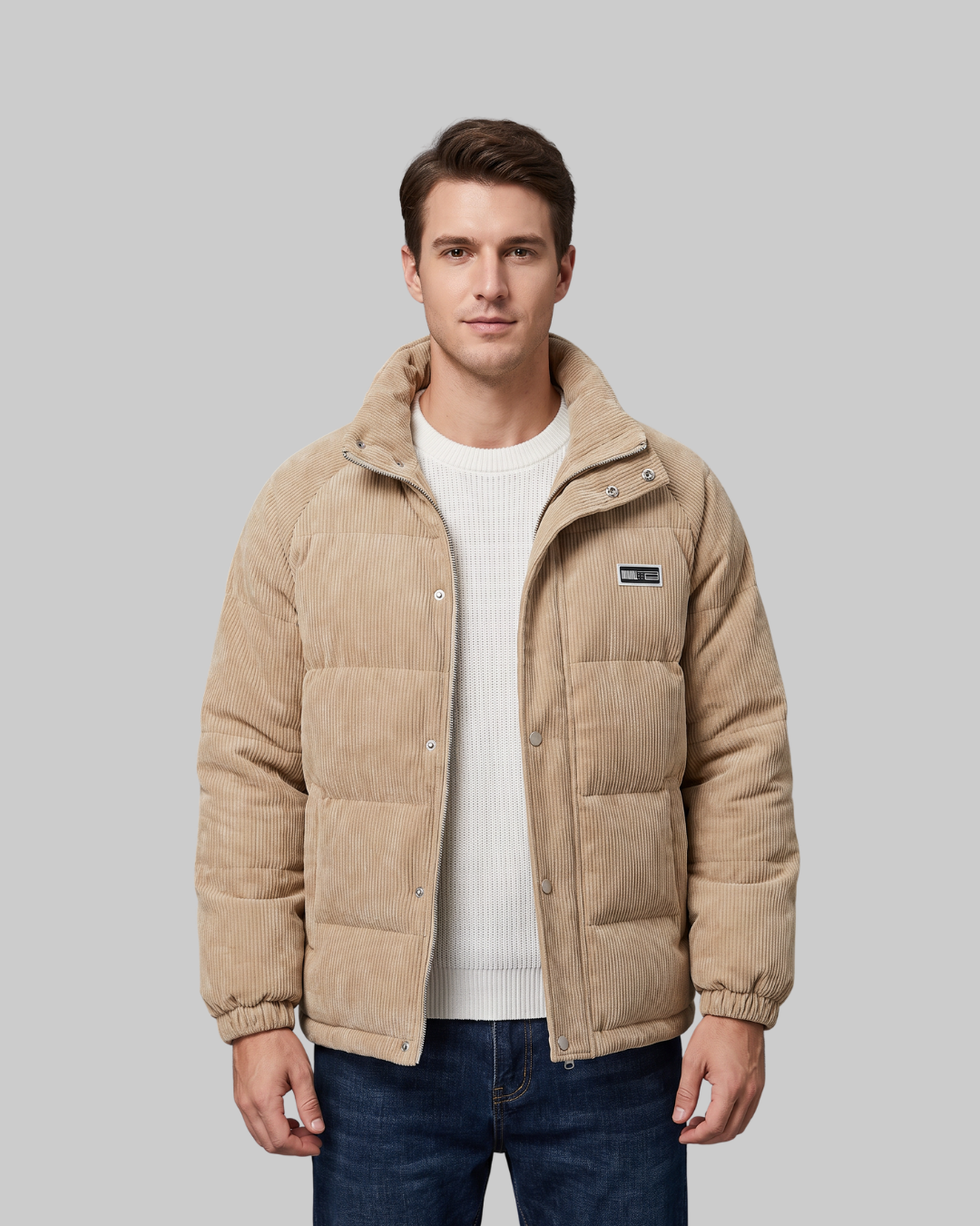 Men's Quilted Panel Bomber Jacket in khaki.