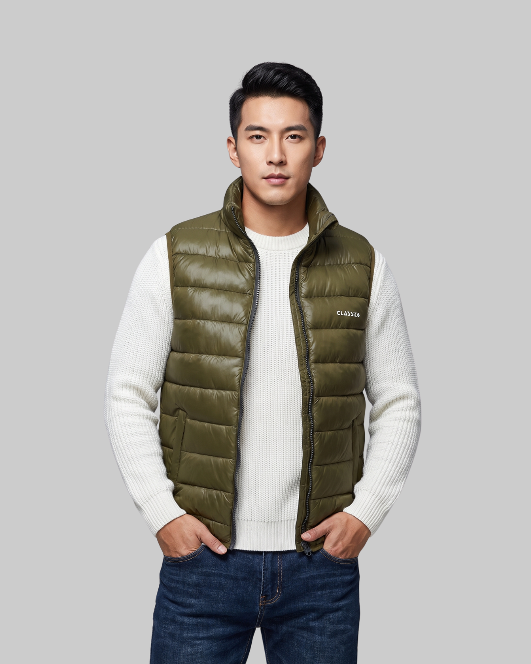 Men's Quilted Puffer Vest in green.