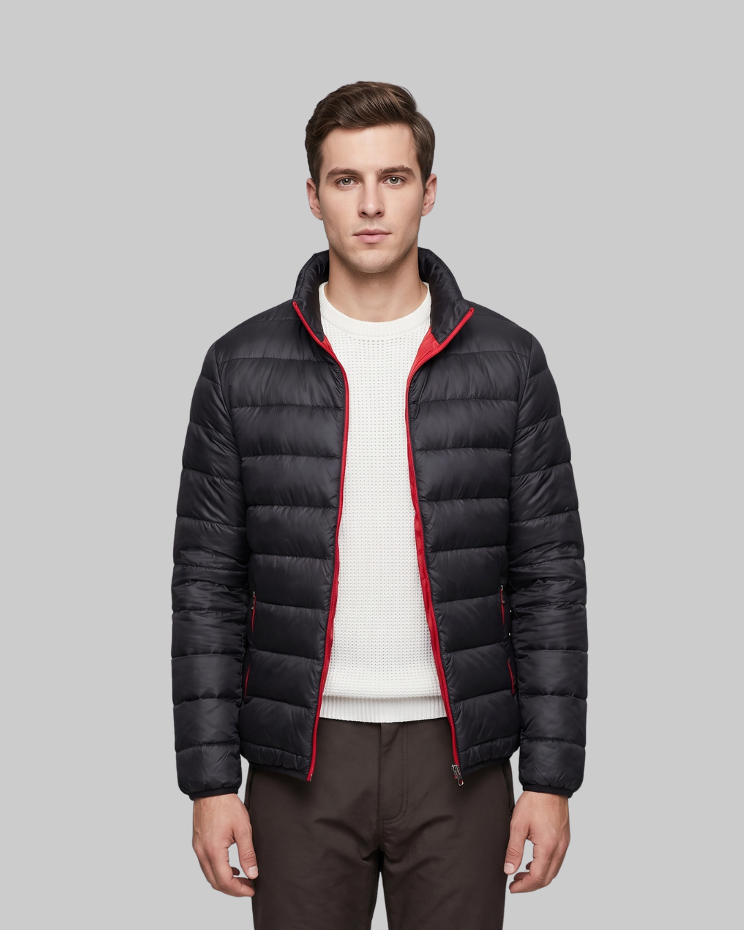 Men's Quilted Zip Puffer Jacket in black-red.
