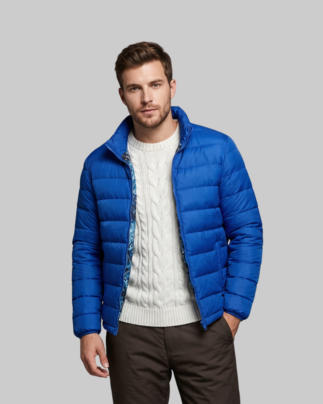 Men's Quilted Zip Puffer Jacket in blue.