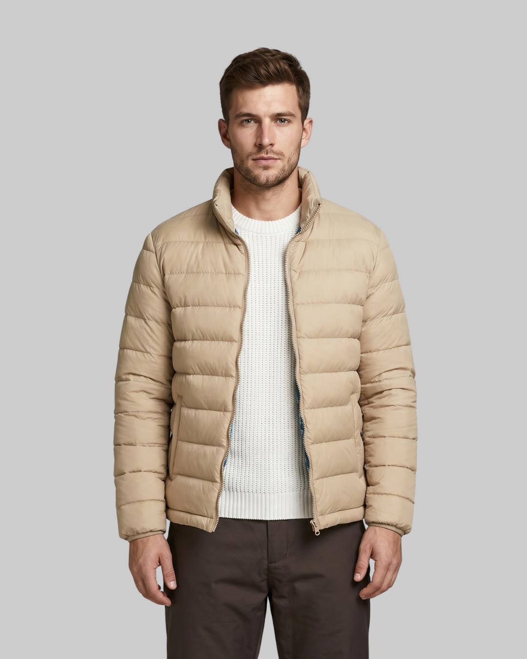 Men's Quilted Zip Puffer Jacket in khaki.