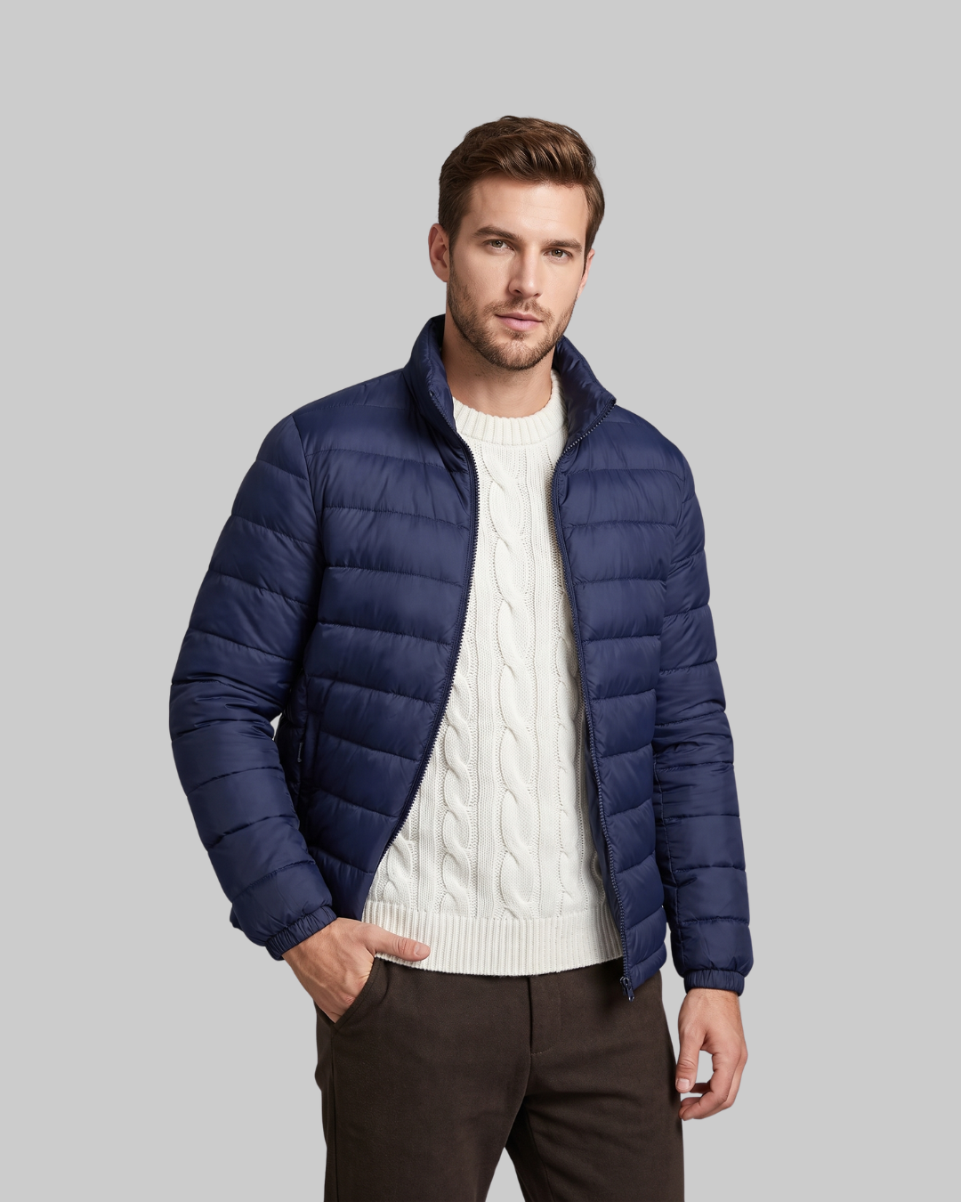 Men's Quilted Zip Puffer Jacket in navy blue.
