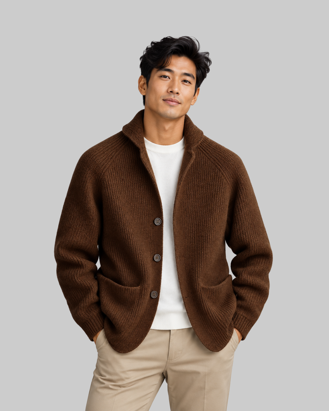 Men's Raglan Collar Cardigan in brown.