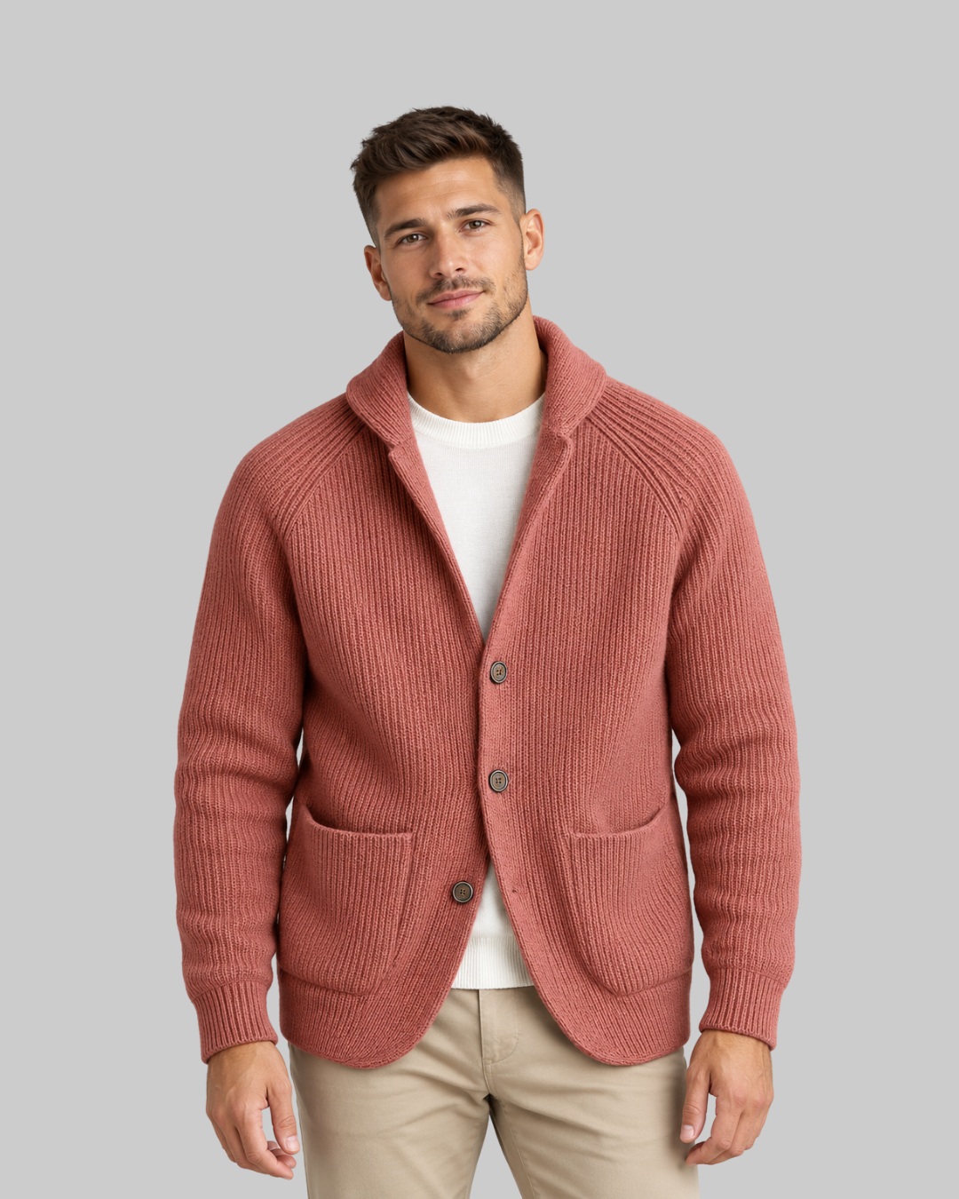 Men's Raglan Collar Cardigan in red.